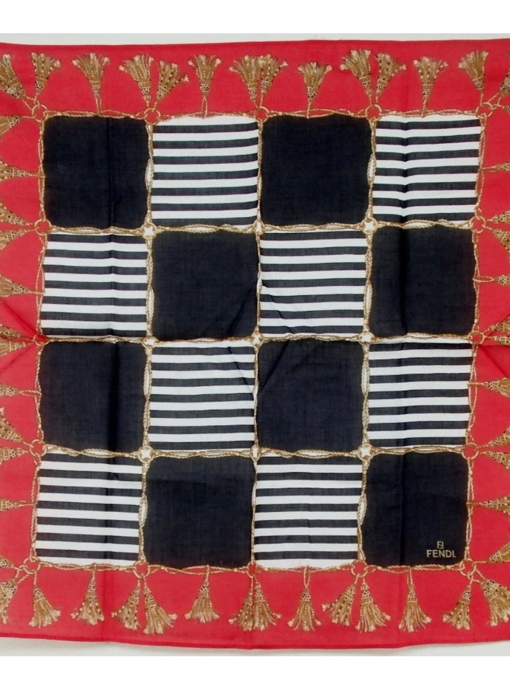 FENDI Red Black White Silk Neckerchief with Gold Tassel Motif